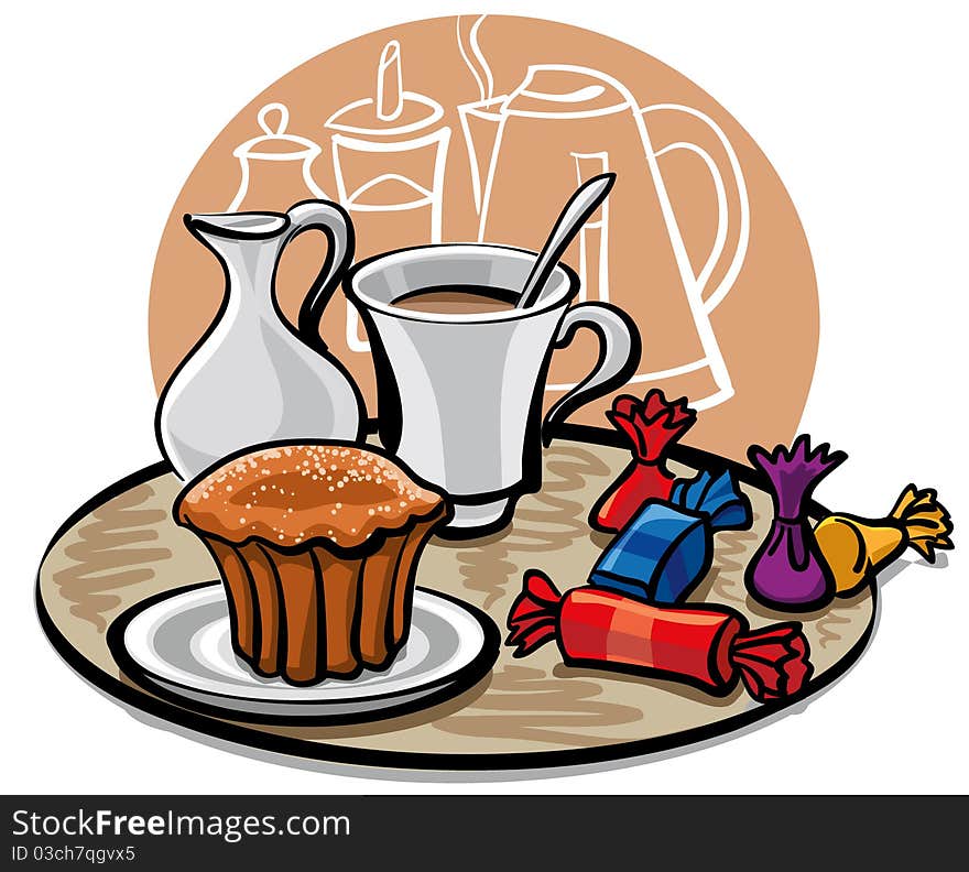 Cupcake, candy and coffee with milk on the table