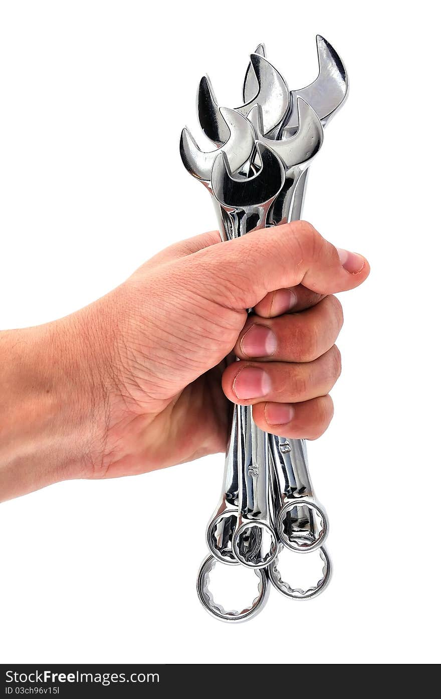 Wrench in his hand on a white background. Wrench in his hand on a white background