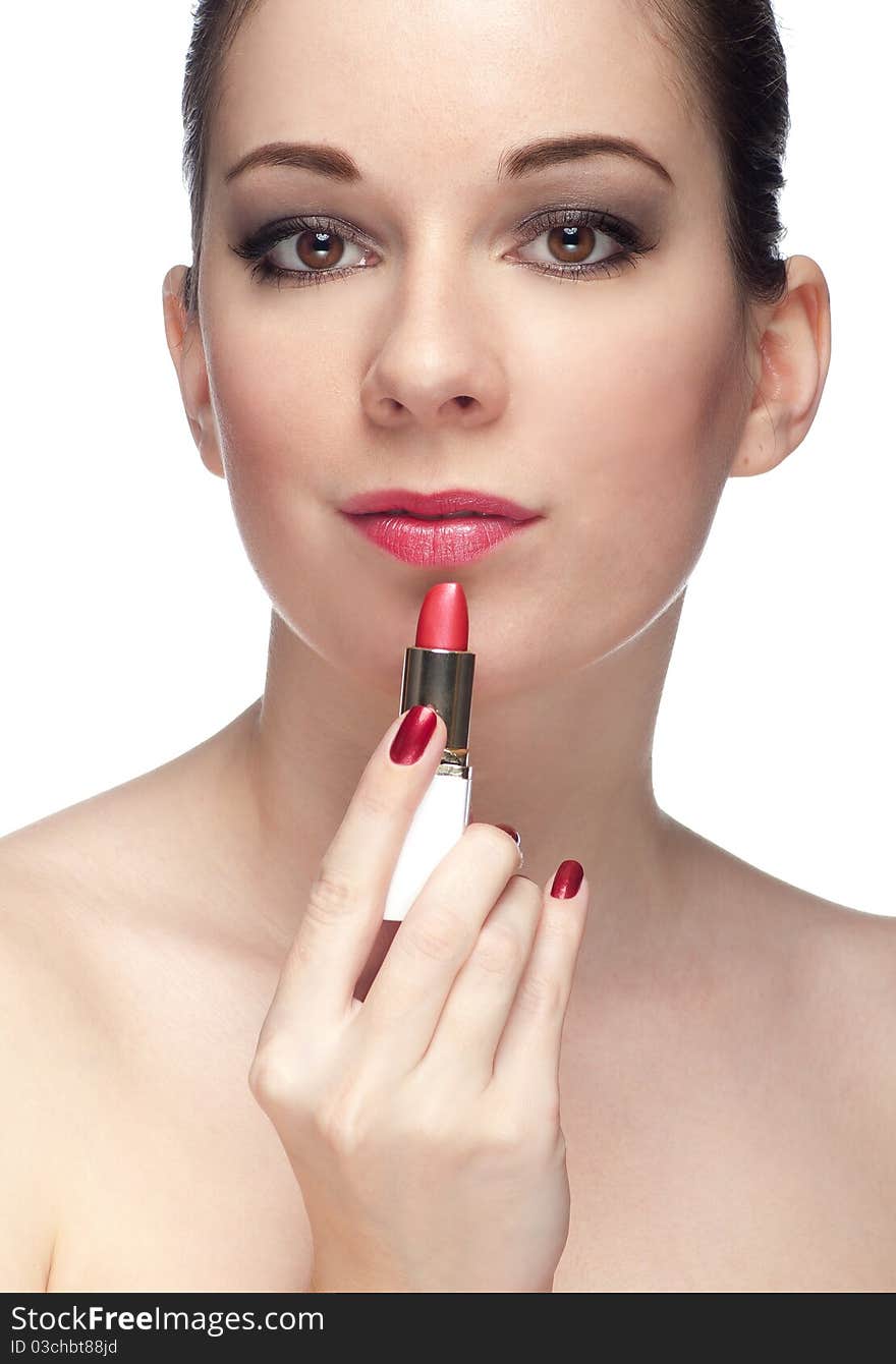 Woman with pink lipstick isolated