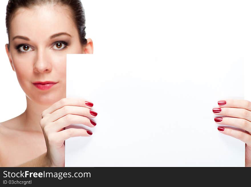 Woman holding a blank sign with white background