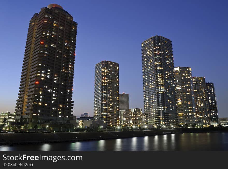 Modern district in Tokyo bay with WComfort Towers East. Modern district in Tokyo bay with WComfort Towers East