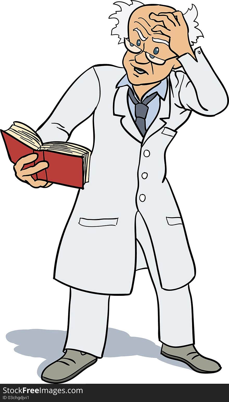 A professor or scientist is studying a book with a puzzled expression. A professor or scientist is studying a book with a puzzled expression