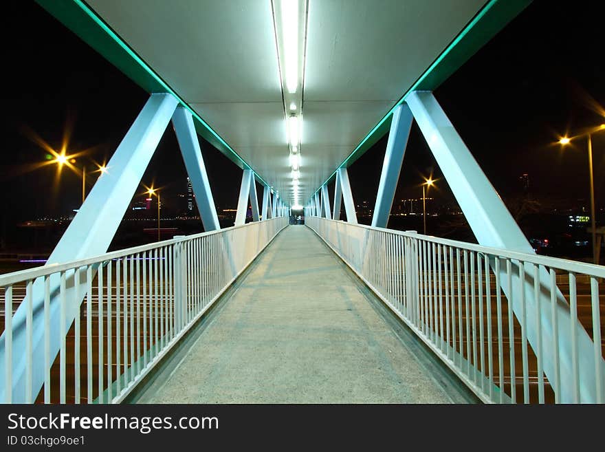 Footbridge with light trails in Hong Kong