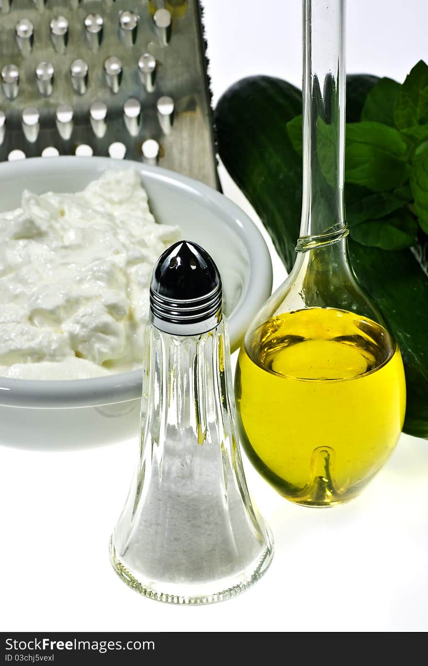 Ingredients of traditional Greek tzatziki