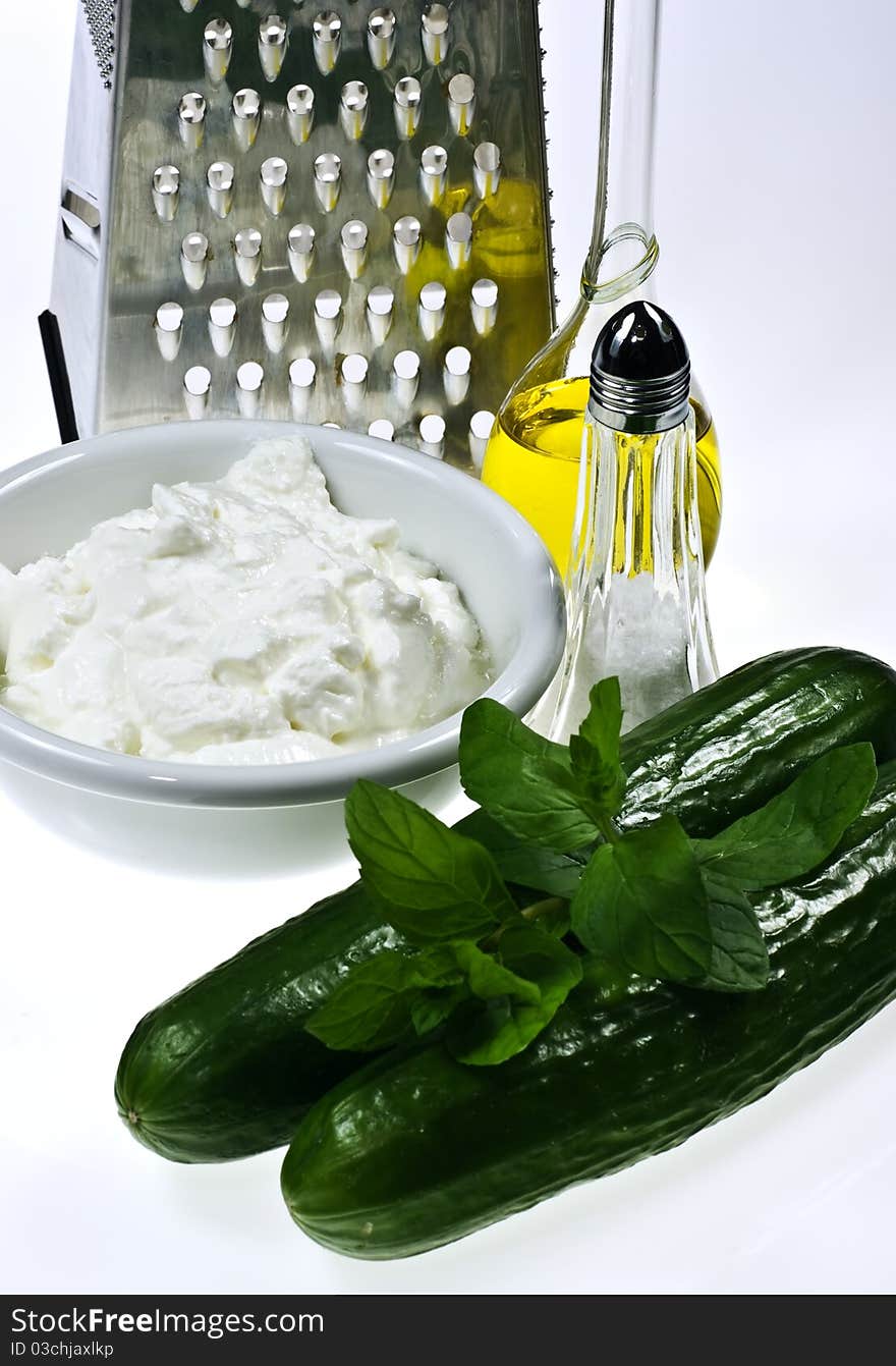 Ingredients of traditional Greek tzatziki