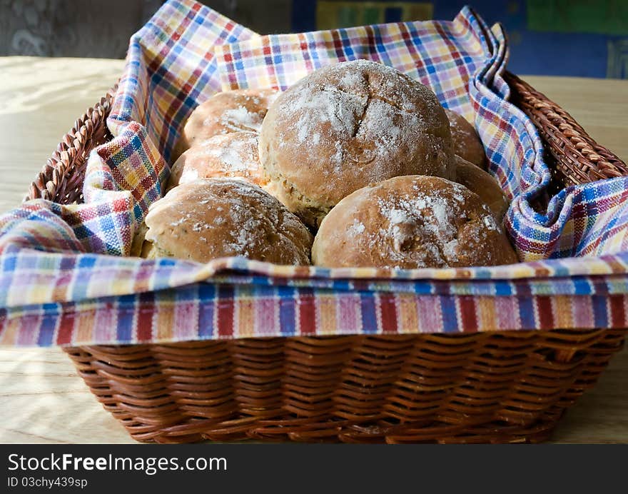 Baked bread balls in the basket