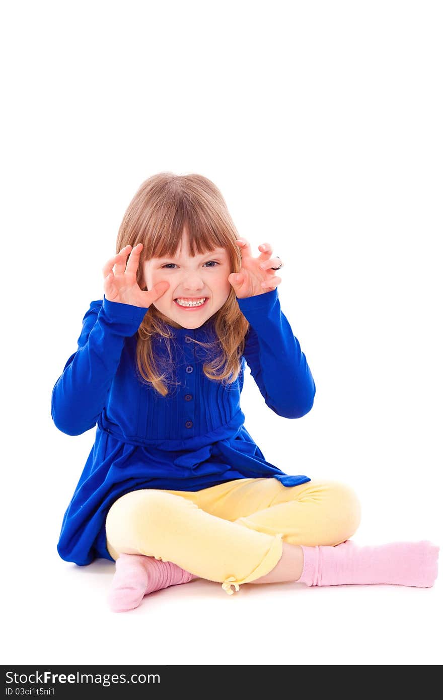 Funny scaring emotional little girl in blue dress. Funny scaring emotional little girl in blue dress