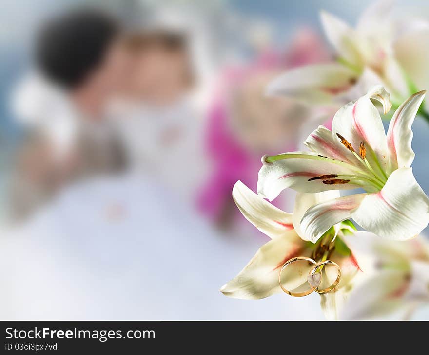 Wedding flowers white on background happy kiss people