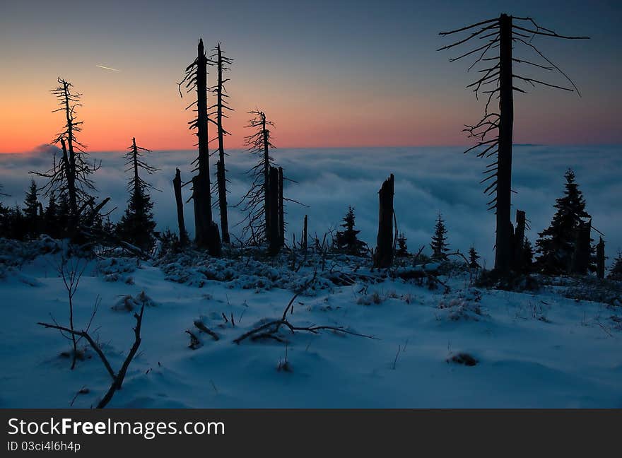 Beautiful winter early evening on the mountain in Czech republic. Beautiful winter early evening on the mountain in Czech republic.