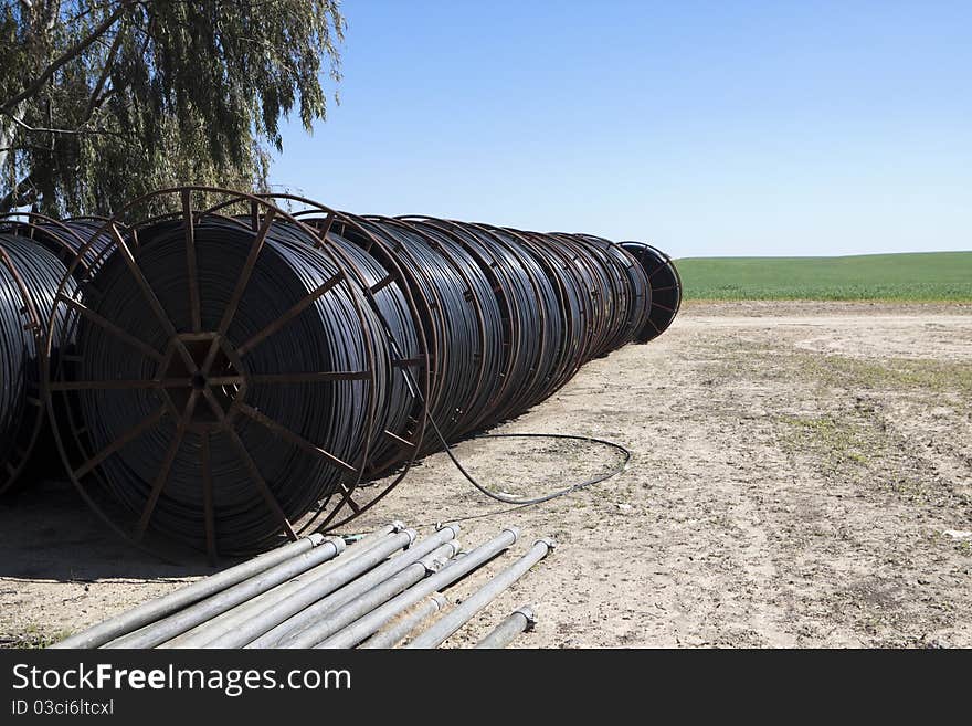 Black irrigation hose round wrap with green wheat in the background desert agriculture. Black irrigation hose round wrap with green wheat in the background desert agriculture