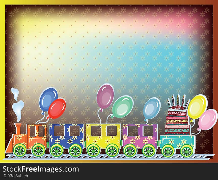 Birthday: light postcard with train. Birthday: light postcard with train