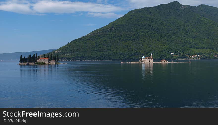 The view of the Island of Our Lady on the Rock and Saint George Island, Perast, Montenegro