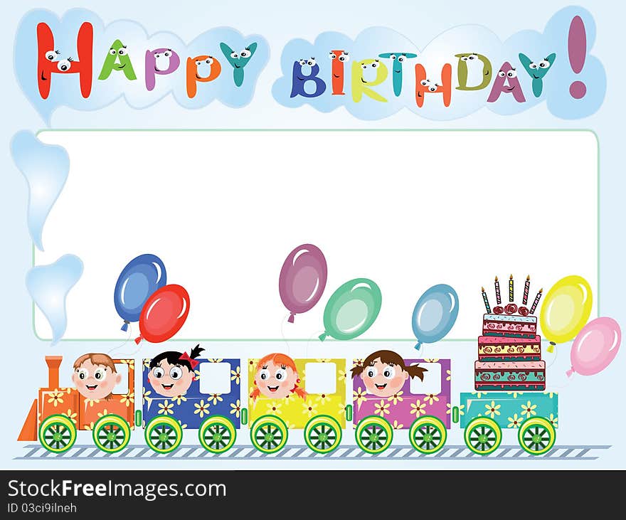 Birthday: light postcard with train. Birthday: light postcard with train