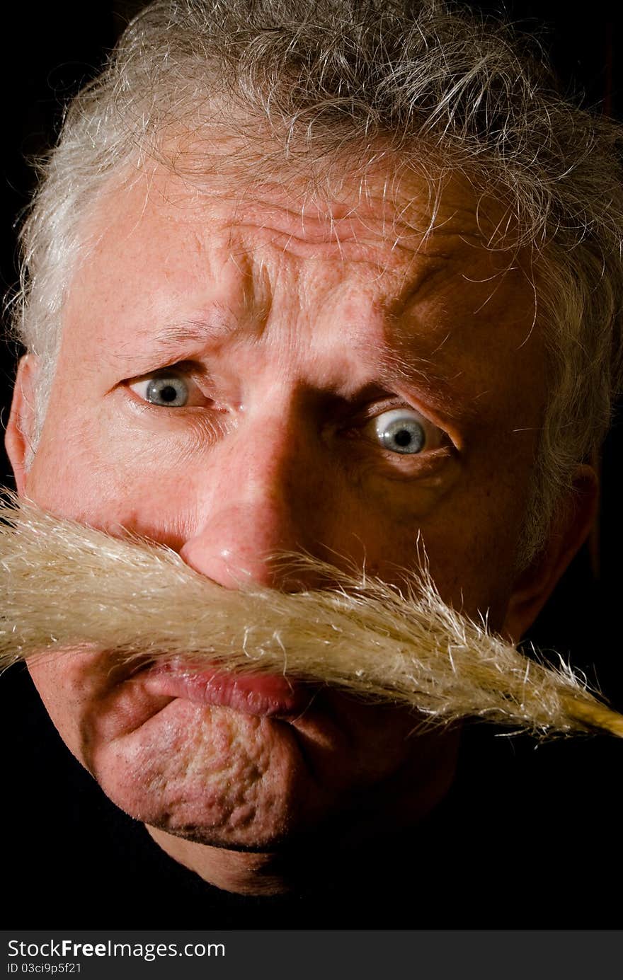 Portrait of a worried man with reed between lip and nose