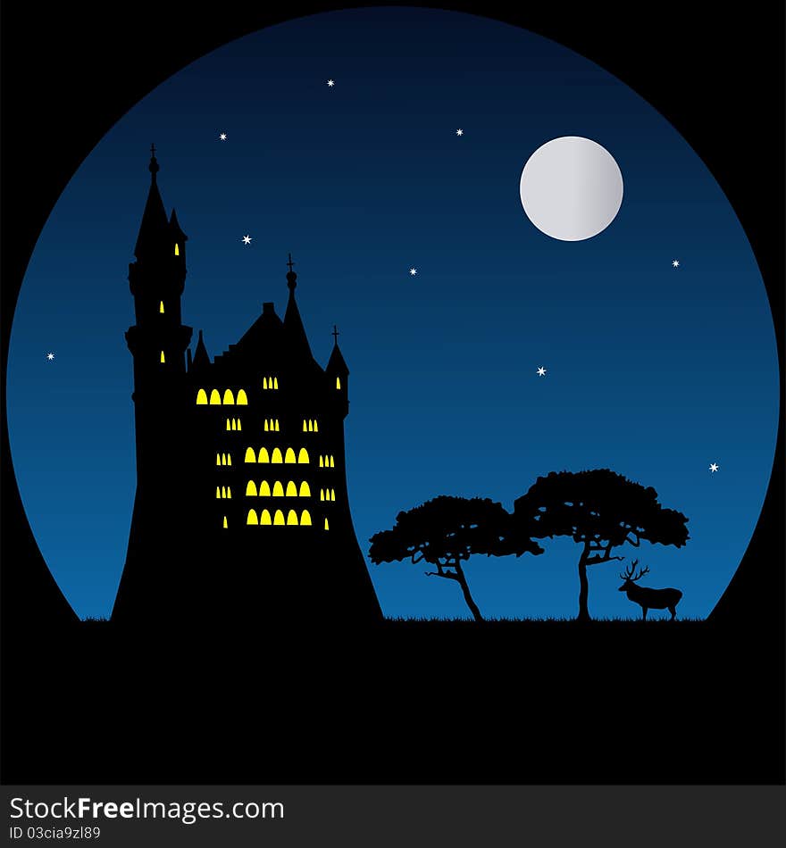 Old castle and deer in moonlight