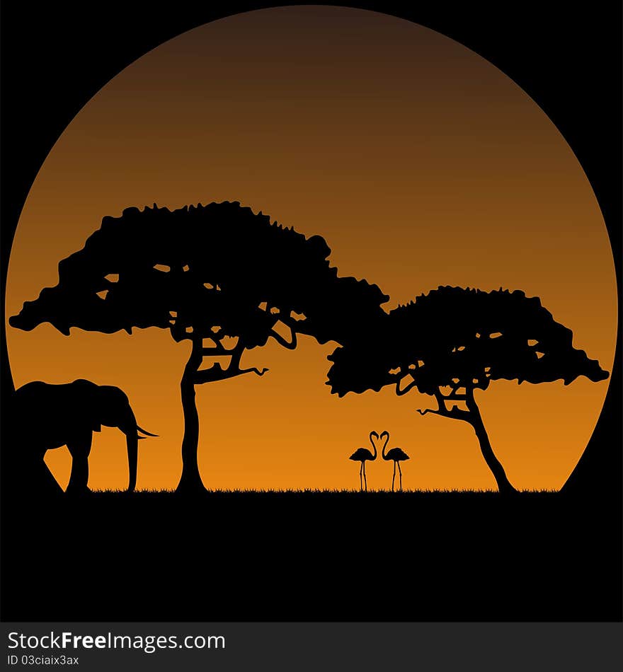 Illustration of some inhabitants (flamingo and elephant) of savanna