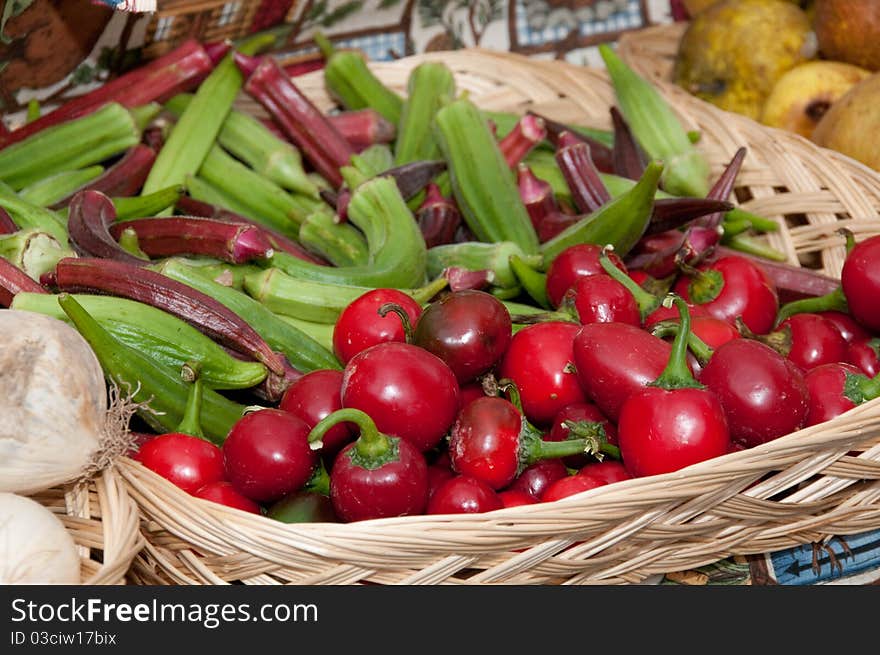 Organic okra and cherry peppers