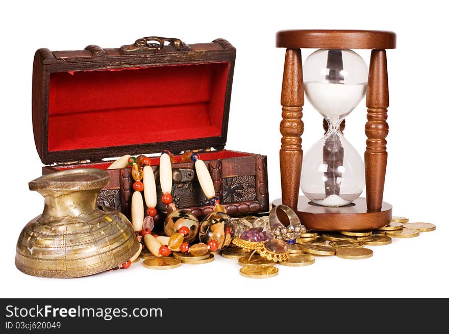 Hourglasses and coin isolated on white background