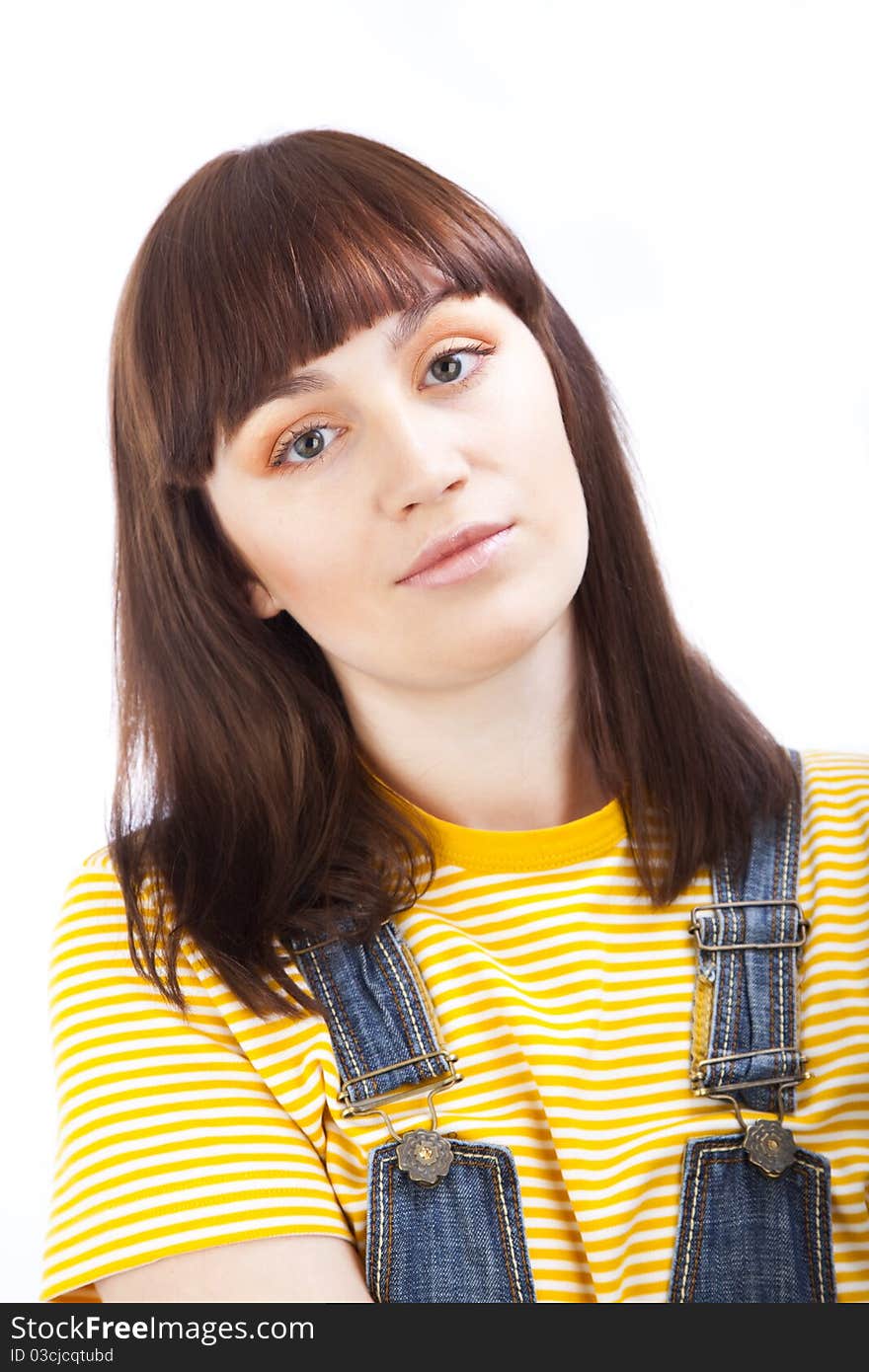 Close up portrait of adult brunette isolated on white background