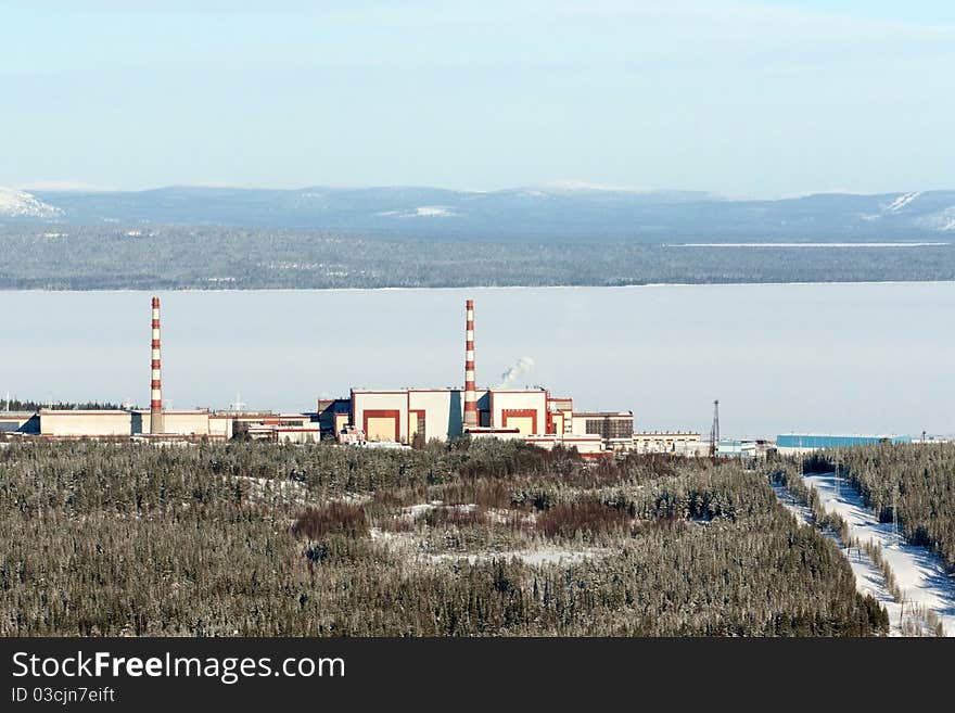 View of the Kola nuclear power station from the mountain. Industrial landscape