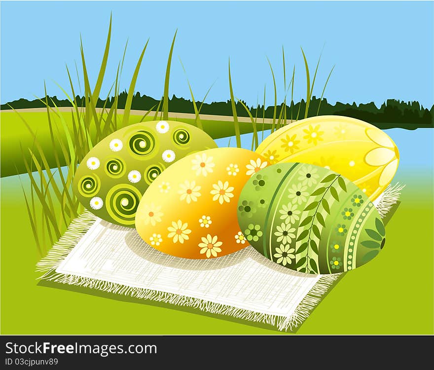 Easter eggs and spring landscape