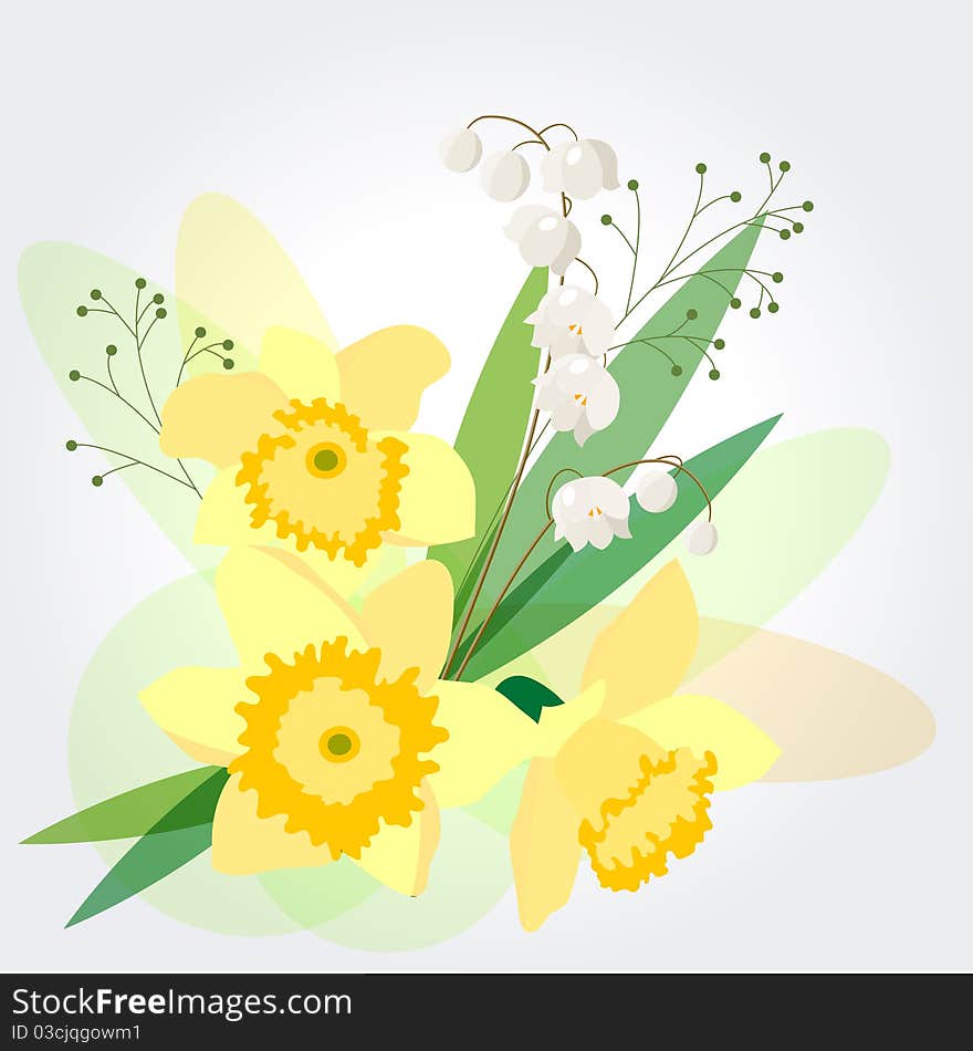 Floral pastel background with yellow daffodils and green leaves. Floral pastel background with yellow daffodils and green leaves