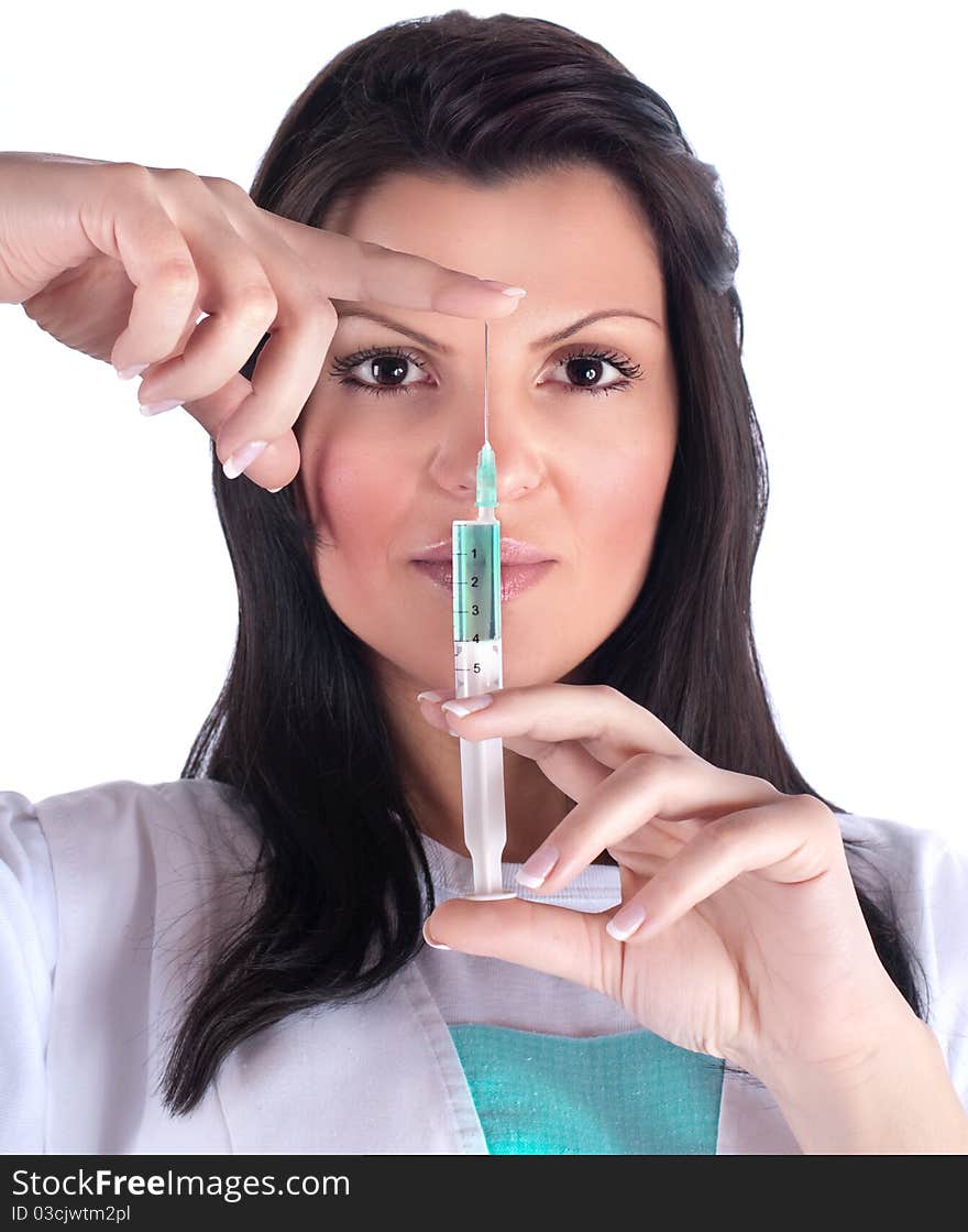 Young doctor women holding injection, isolated. Young doctor women holding injection, isolated