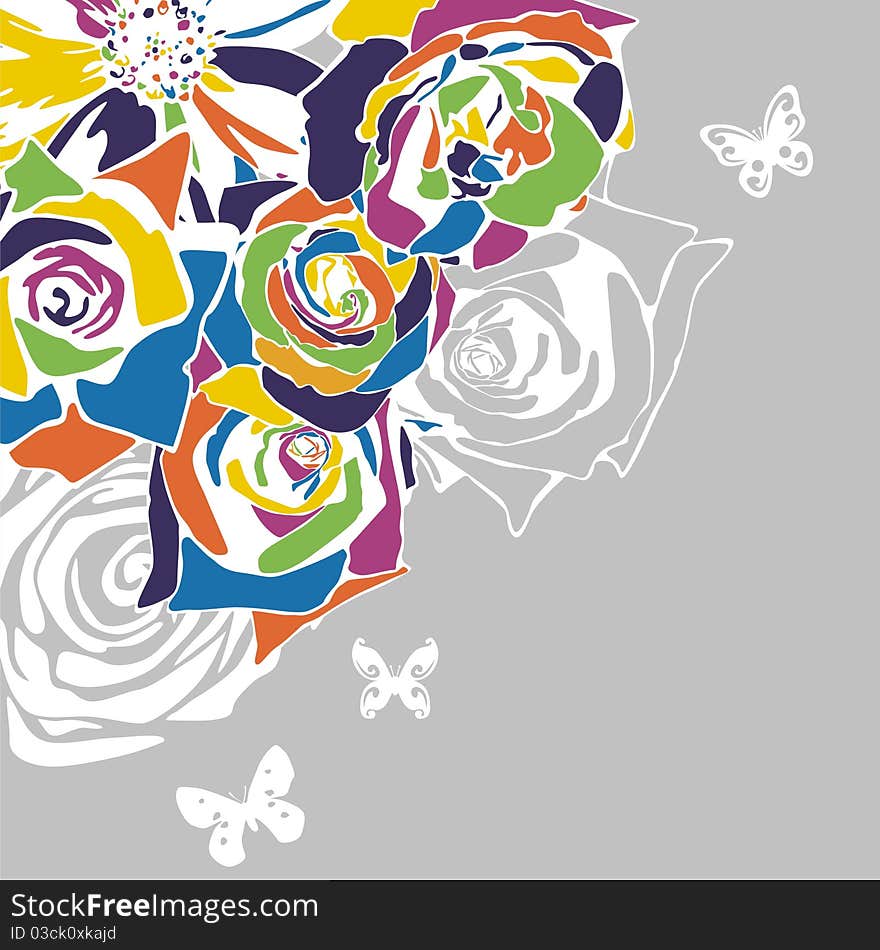 Vector postcard consist of flowers on grey background. Vector illustration. Vector postcard consist of flowers on grey background. Vector illustration