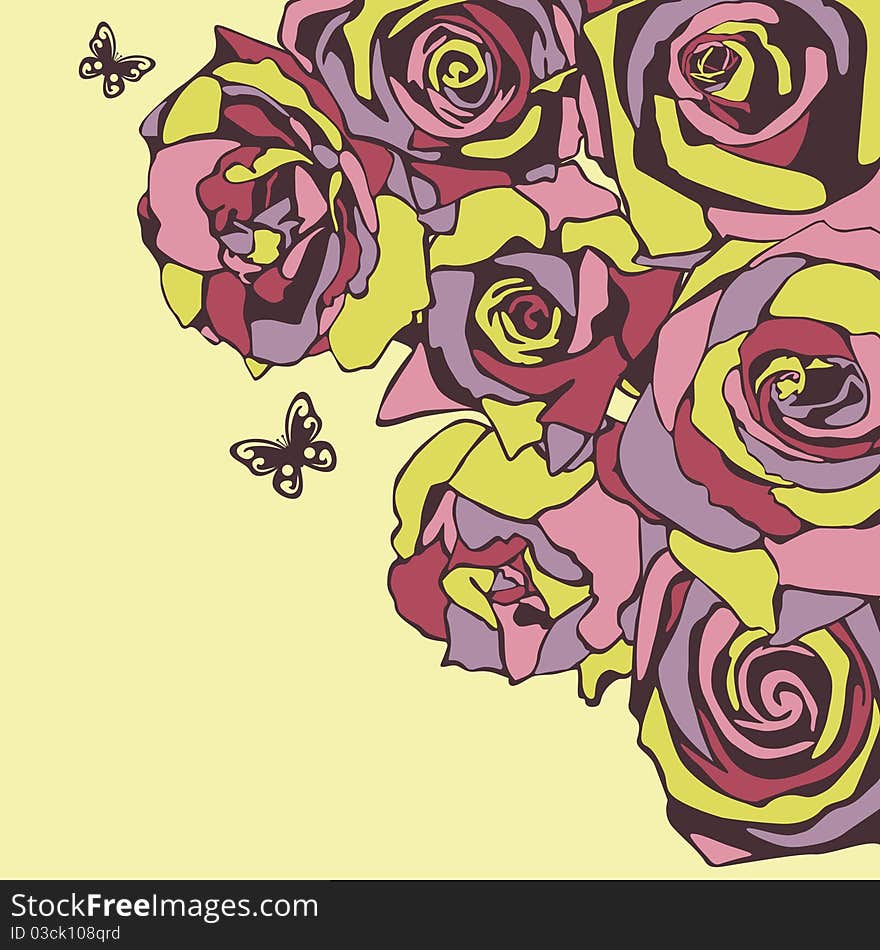 Vector postcard consist of flowers on yellow background. Vector illustration. Vector postcard consist of flowers on yellow background. Vector illustration