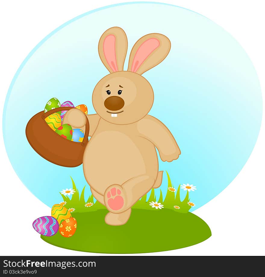 Easter Bunny with basket and colored eggs. Easter card
