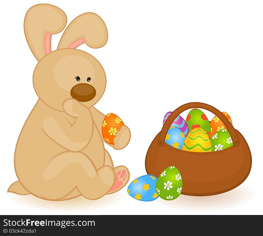 Easter Bunny with basket and colored eggs. Easter card. Easter Bunny with basket and colored eggs. Easter card