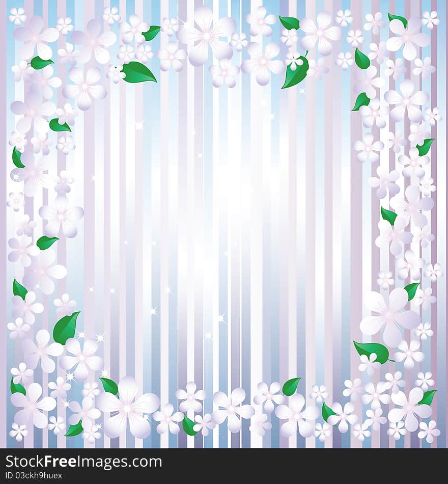 Abstract frame with spring flowers and green leaves on a striped background. Abstract frame with spring flowers and green leaves on a striped background.