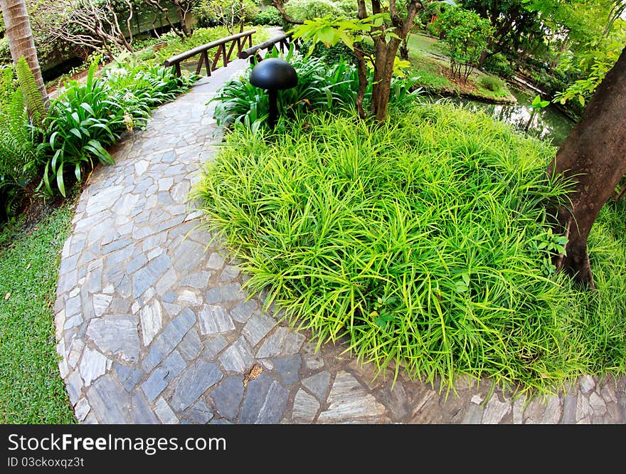 Public garden stony walking path