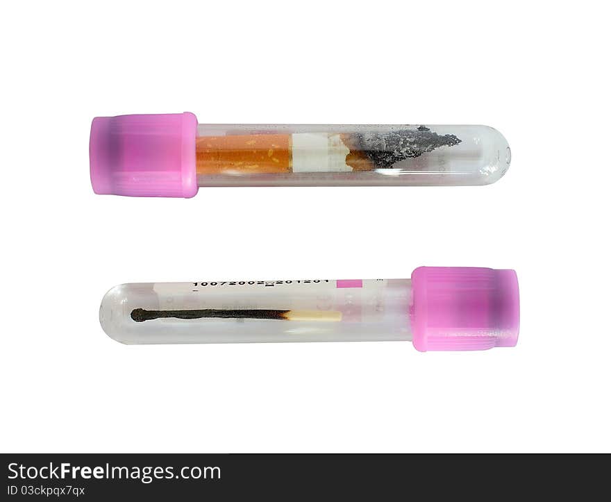 Cigarette and burnt matchstick in test tubes