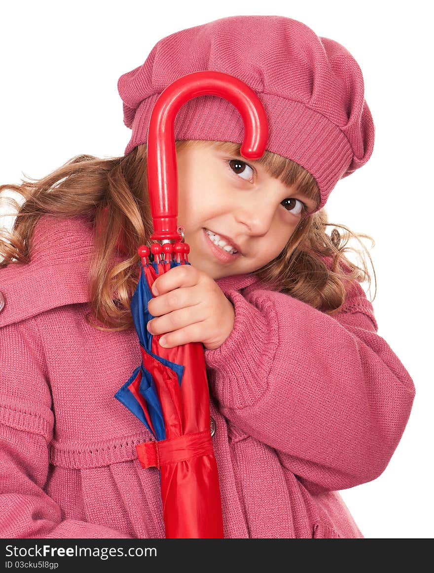 Portrait of a pretty little girl with umbrella. Isolated on white background.