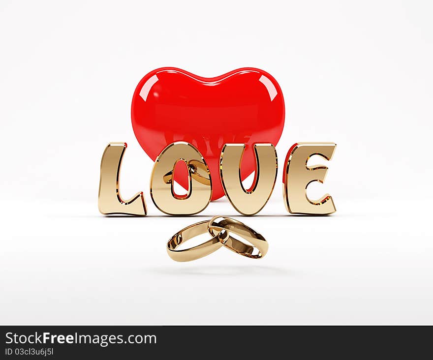 3D Love Text, Heart And Rings