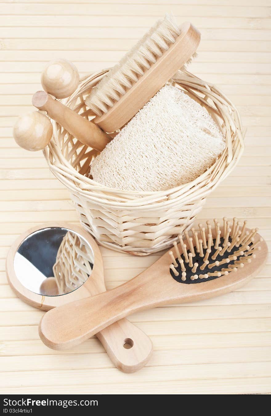 Bath accessories on the bamboo mat