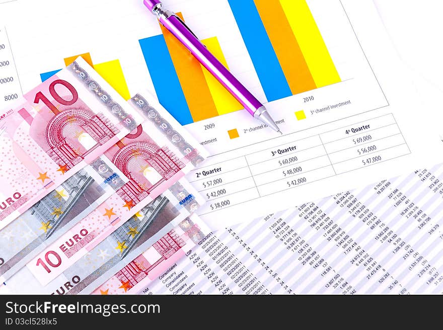 Financial Analysis with graphs and data of industrial growth. European currency notes. Financial Analysis with graphs and data of industrial growth. European currency notes.