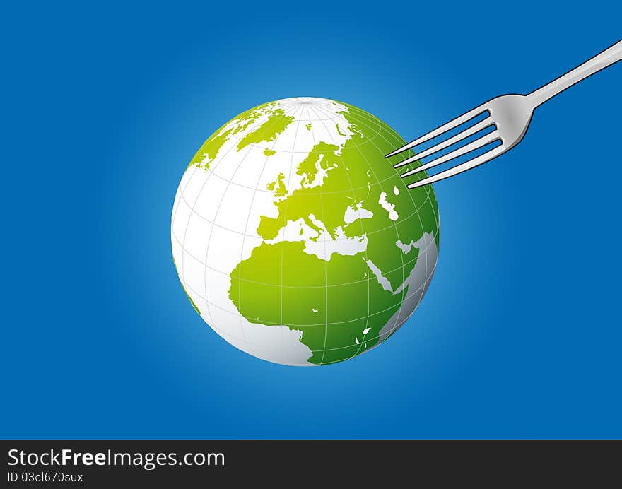 Planet earth pick on metal fork. Planet earth pick on metal fork