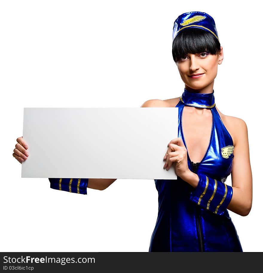 Beautiful woman holding empty white board. Beautiful woman holding empty white board