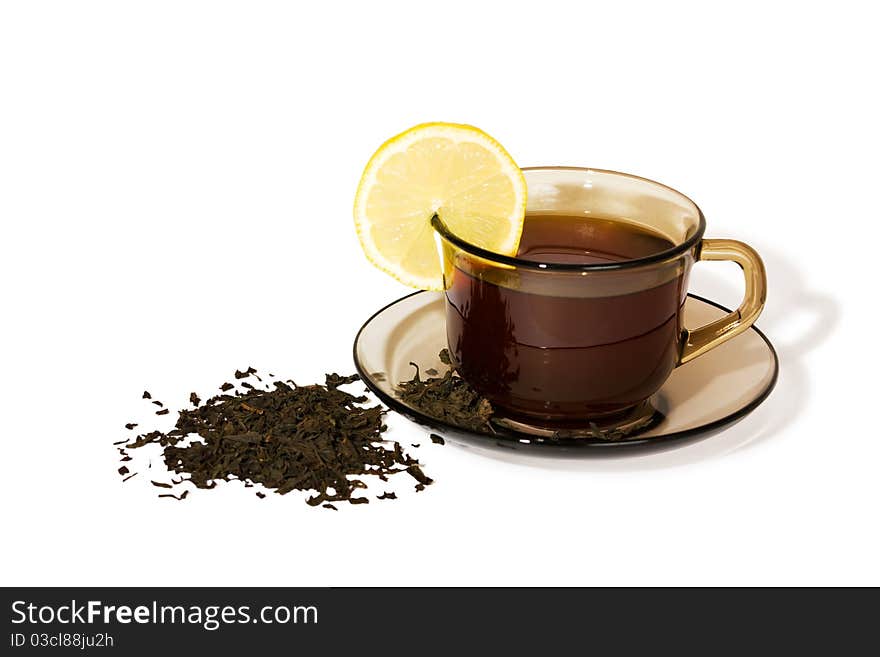 Cup of tea with lemon isolated on a white background