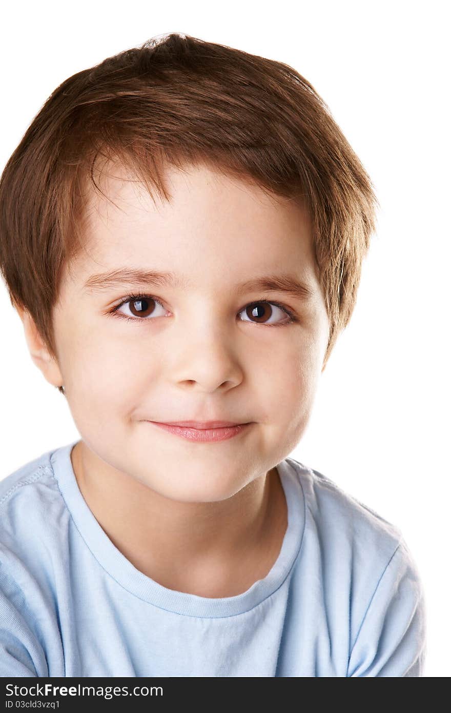 Close-up portrait of beautiful smiling little boy isolated on white background. Close-up portrait of beautiful smiling little boy isolated on white background