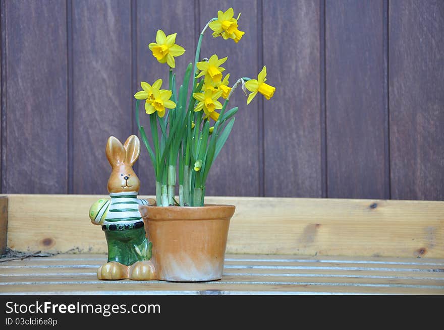 Easterbunny with flowerpot and daffodills. Easterbunny with flowerpot and daffodills