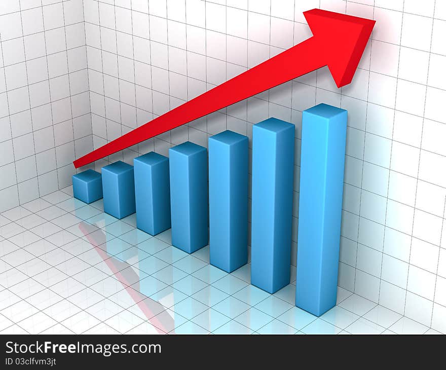 3d business chart with red arrow and reflection
