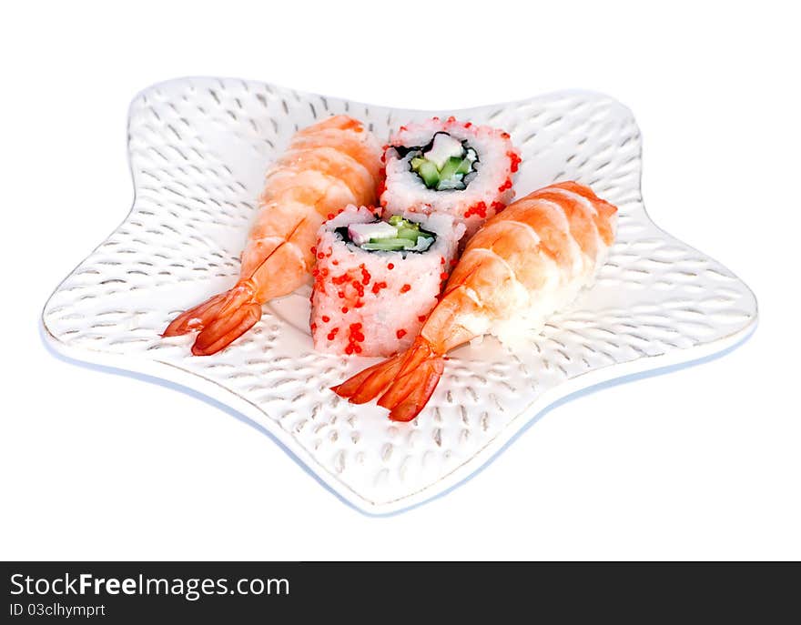 Sushi and California Maki on a plate over white background