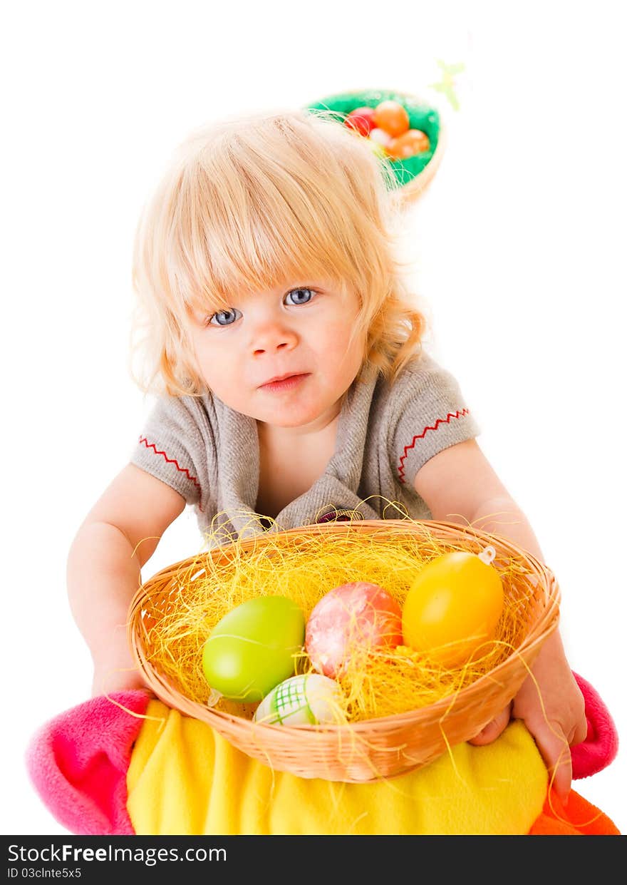 Blonde haires little girl with easter eggs