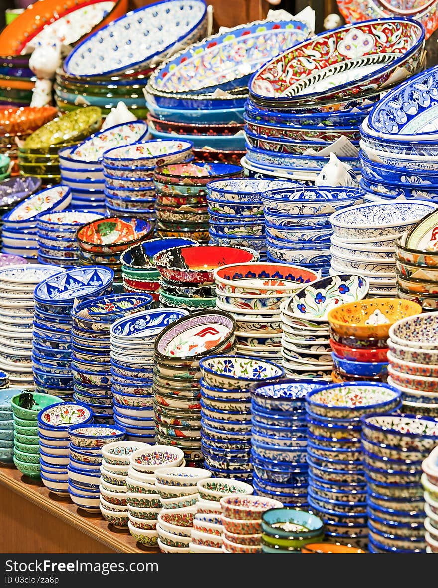 Ceramic plates and bowls at market