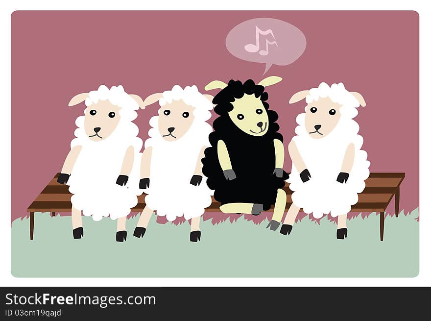 Illustration of four white sheep sitting on a bench with a black one among them. Illustration of four white sheep sitting on a bench with a black one among them.