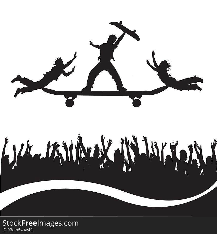 Man holding skateboard in front of crowd silhouette. Man holding skateboard in front of crowd silhouette