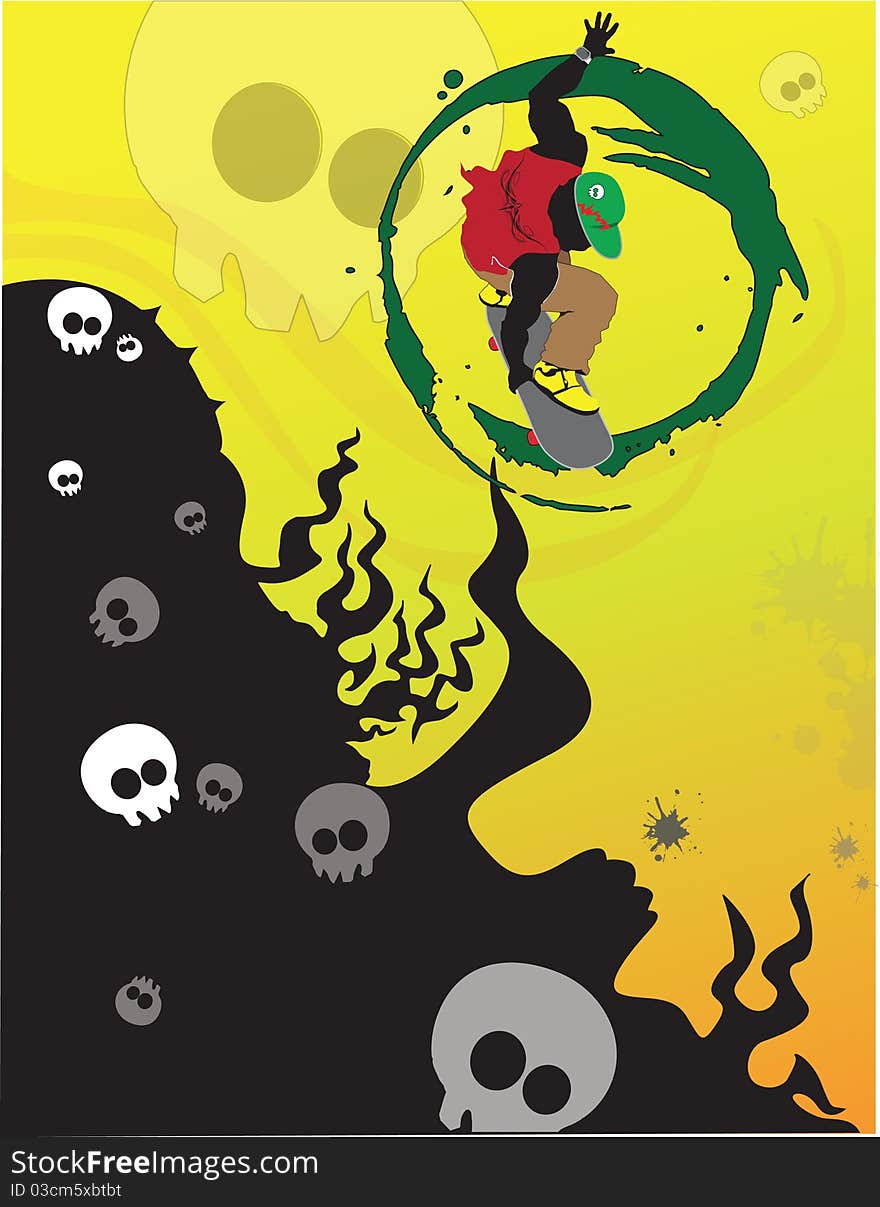 Skater in midair design with skulls and fire over halftone gradient background